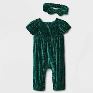 Green Velvet Baby Romper with Headband Christmas Holiday 6-9 months